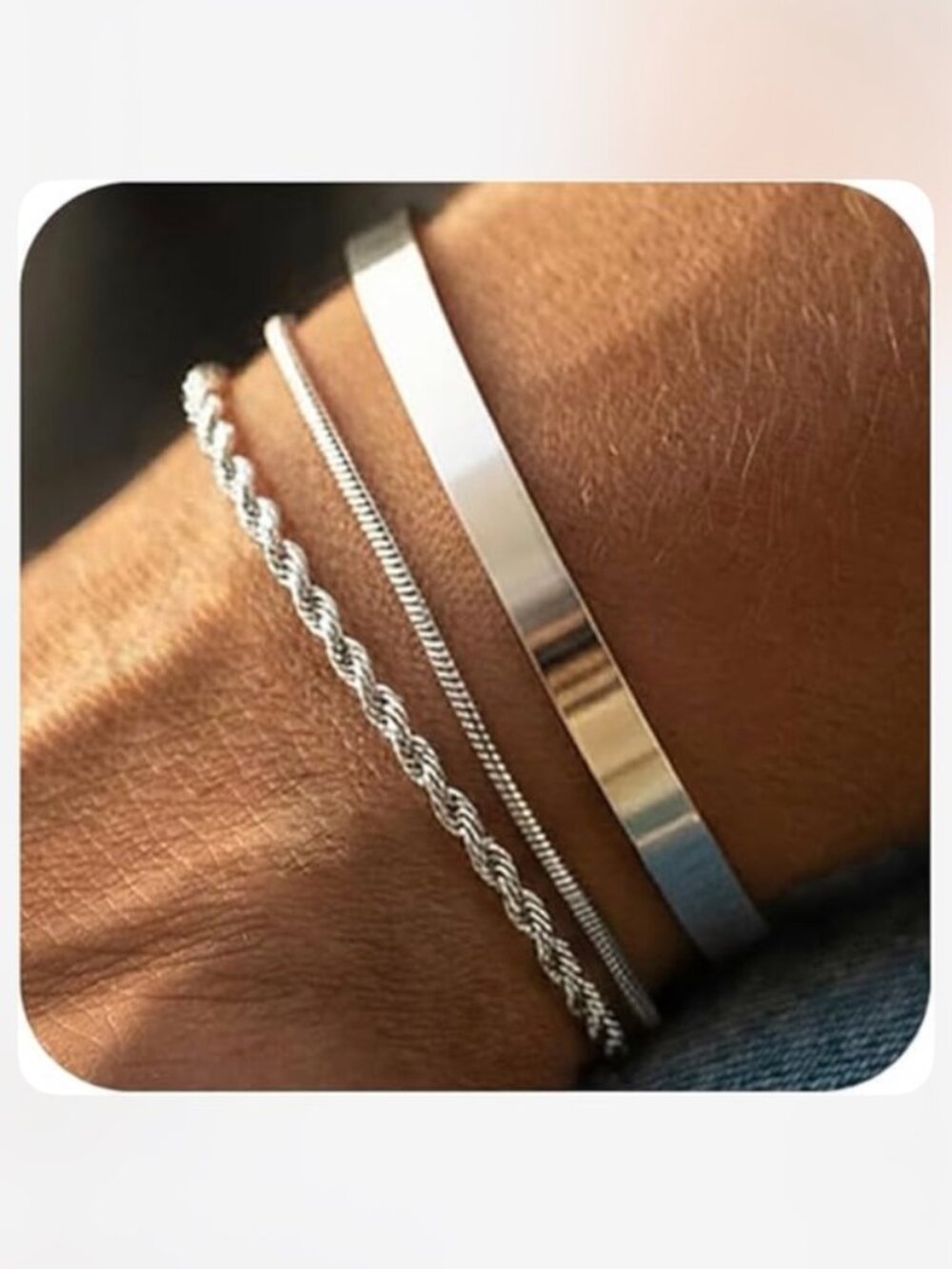 Men’s Silver Minimalist Bracelet Set - 3 Piece Stack (Cuff, Rope & Snake Chain)